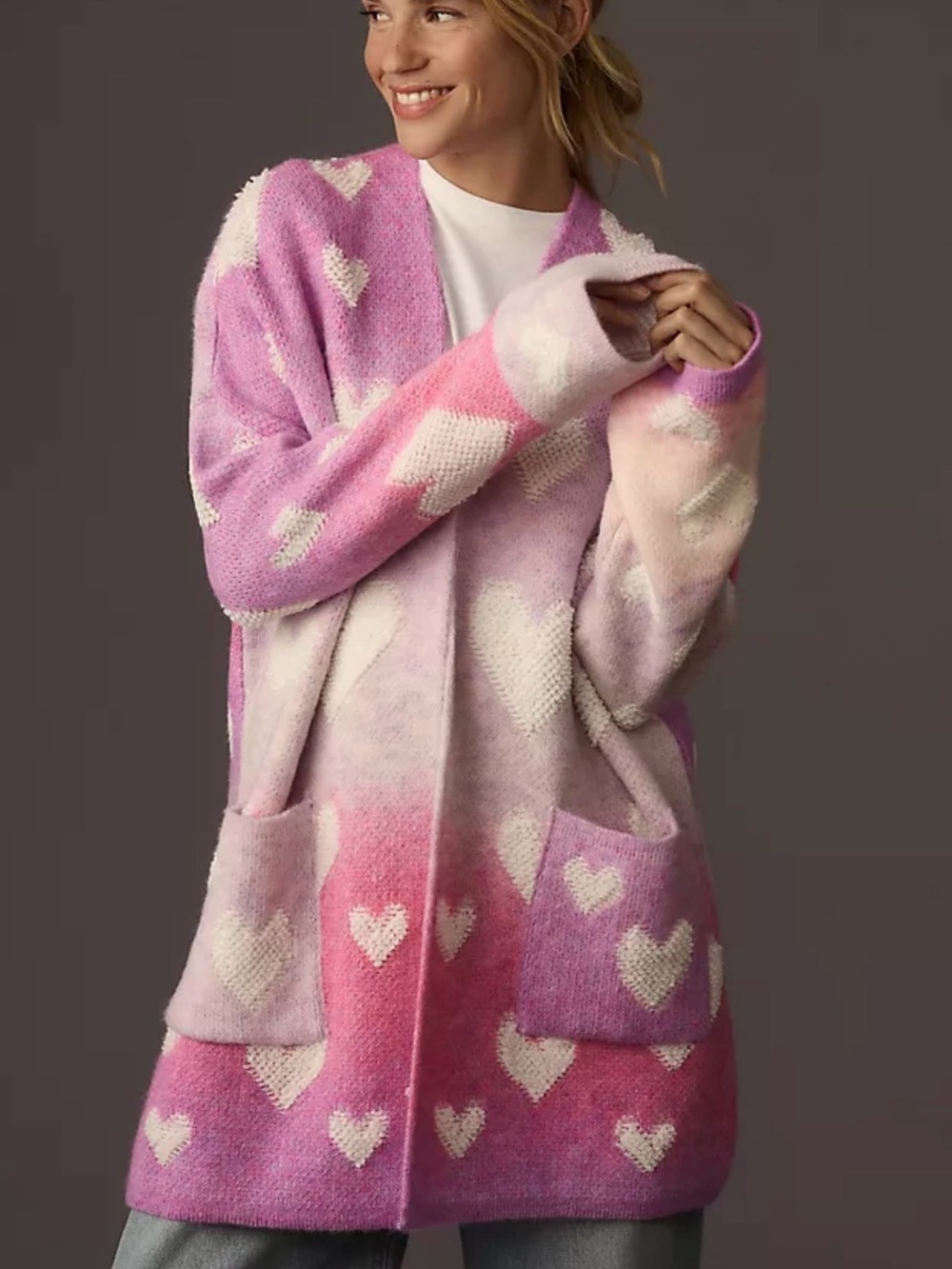 Anthropologie Maeve Love Heart Cardigan Sweater Women’s XS/S Pink Purple Preppy